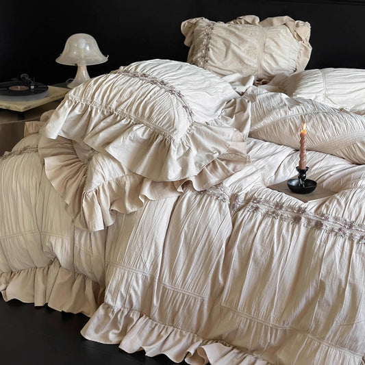 French Pleated Lace Washed Pure Cotton Four-Piece Bed Set - Harmony Gallery