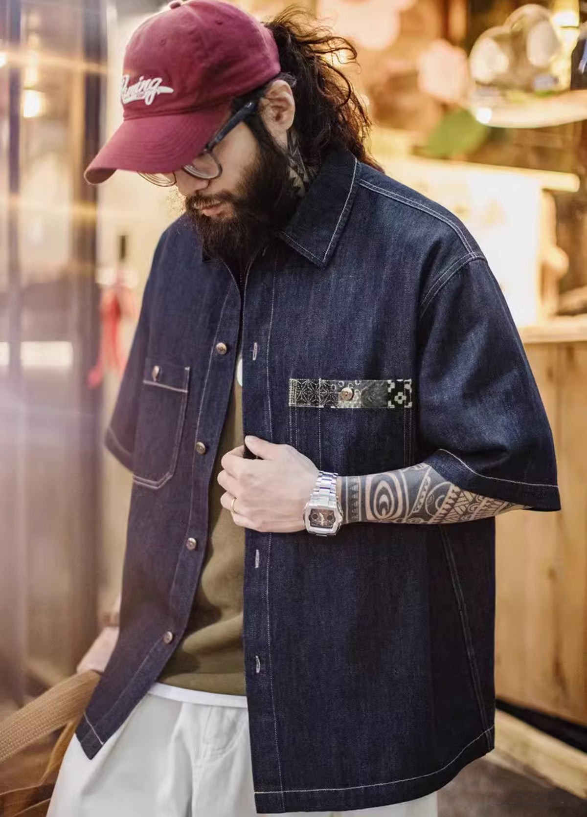 American Retro Boro Denim Resurgence Blue Dye Lapel Men's Shirt - Harmony Gallery