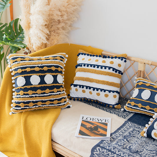 Nautical Charm Gold Accent Textured Throw Pillows with Pom-Pom Details - Harmony Gallery