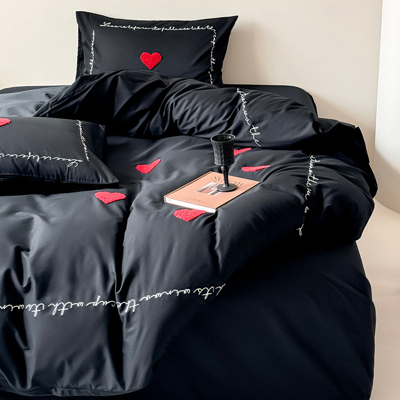Light Luxury High-End Black Love Four-Piece Pure Cotton Bed Set - Harmony Gallery