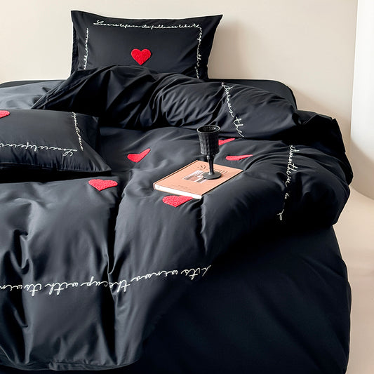 Light Luxury High-End Black Love Four-Piece Pure Cotton Bed Set - Harmony Gallery