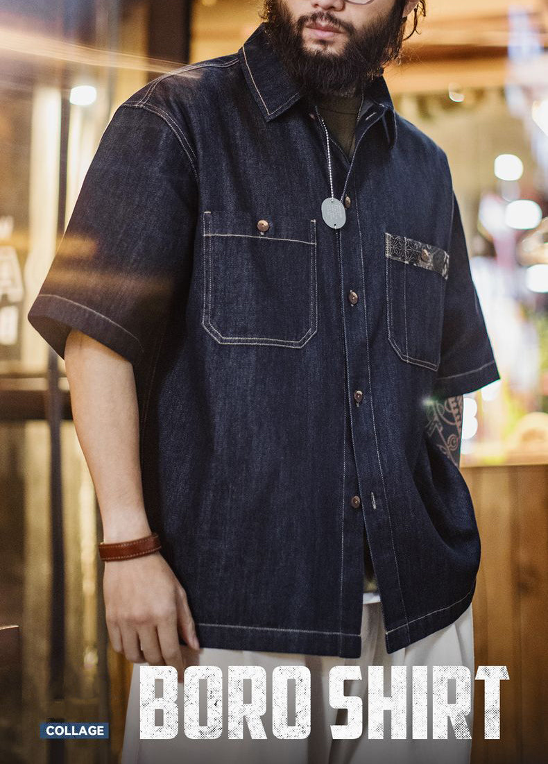 American Retro Boro Denim Resurgence Blue Dye Lapel Men's Shirt - Harmony Gallery