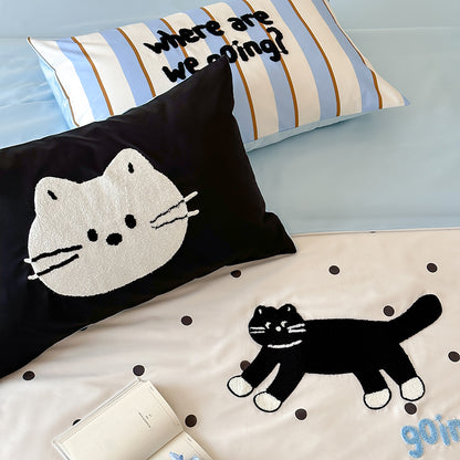 Black Polka Dot Cat Pure Cotton Skin-Friendly Four-Piece Bed Set - Harmony Gallery
