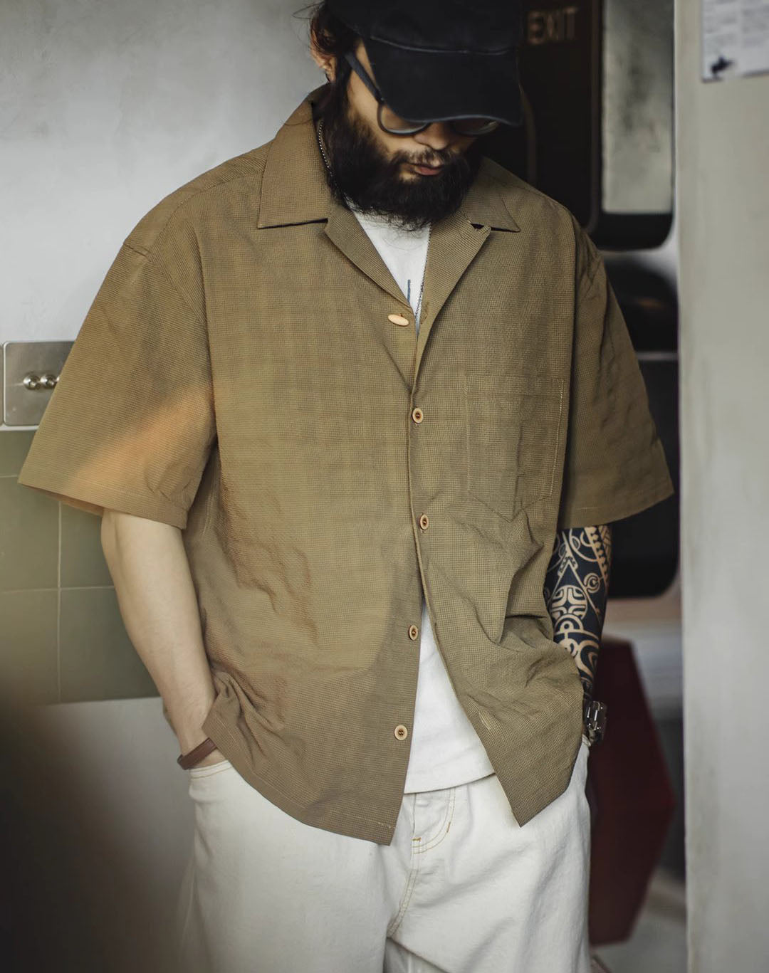 American Workwear Pleated Texture Woven Jacquard Men's Shirt - Harmony Gallery