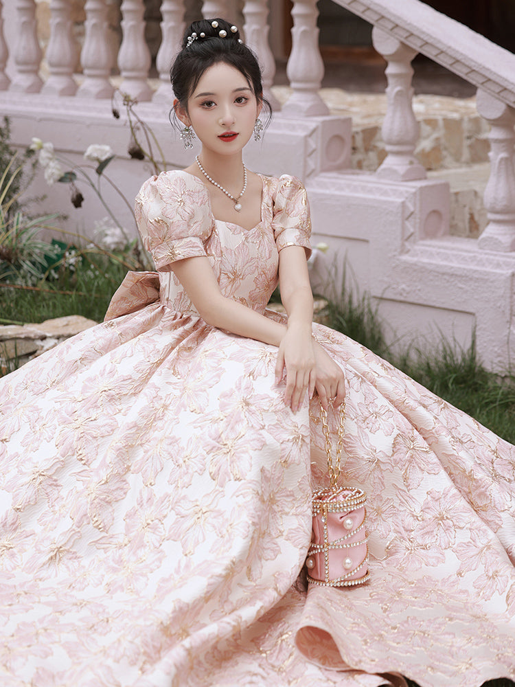 Charming Pink Floral Jacquard Ball Gown with Puff Sleeves - Harmony Gallery