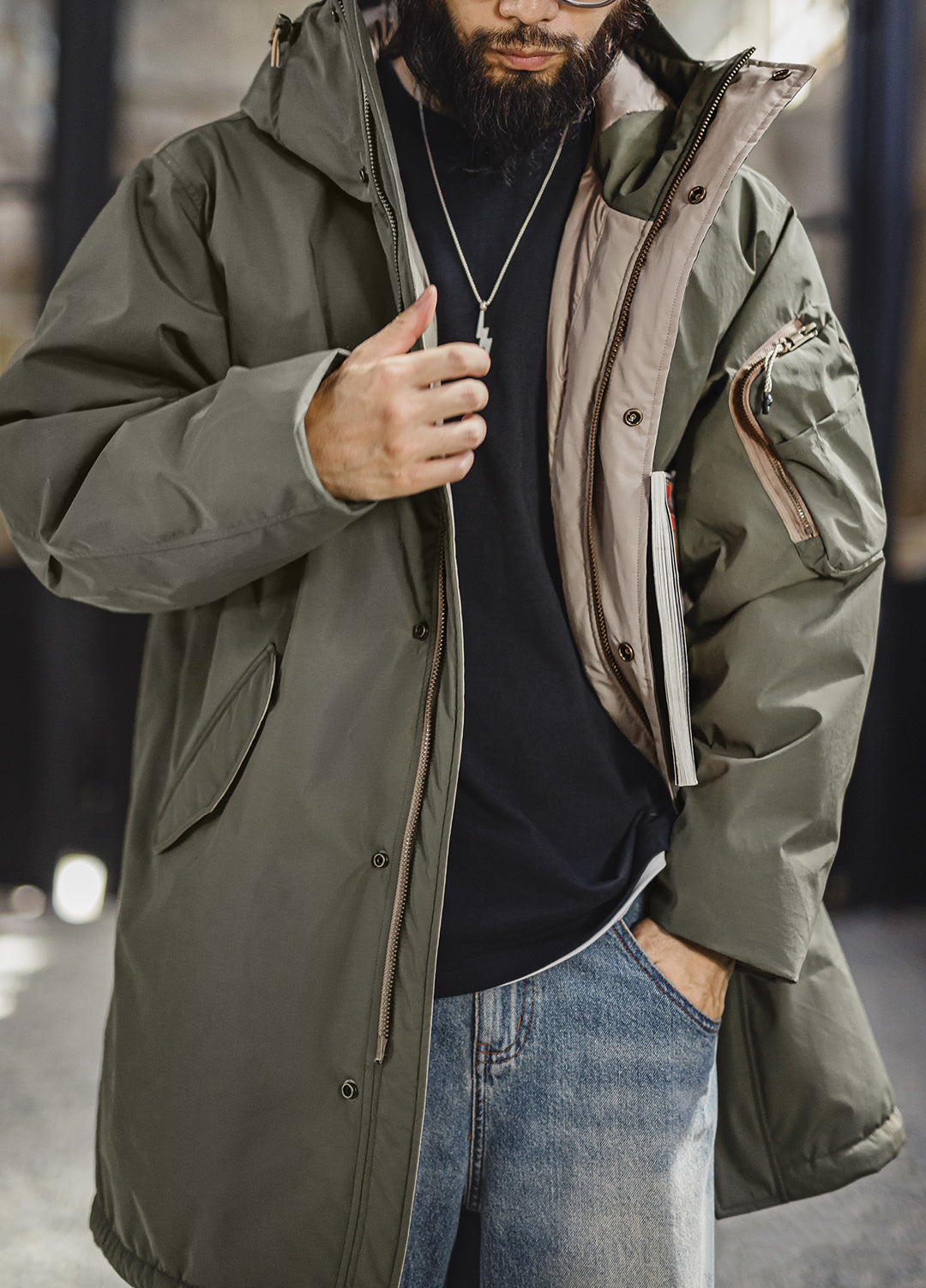 American Retro M51 Down Mid-Length Coat Fishtail Grayish Green Daily Men's Jacket - Harmony Gallery