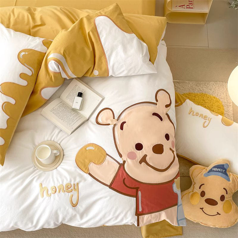 Cartoon Cute Disney Pooh Washed Four-Piece Pure Cotton Bed Set - Harmony Gallery