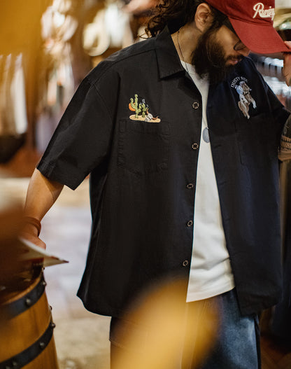 American Retro Embroidered Black Pure Cotton Half Sleeves Men's Shirt - Harmony Gallery