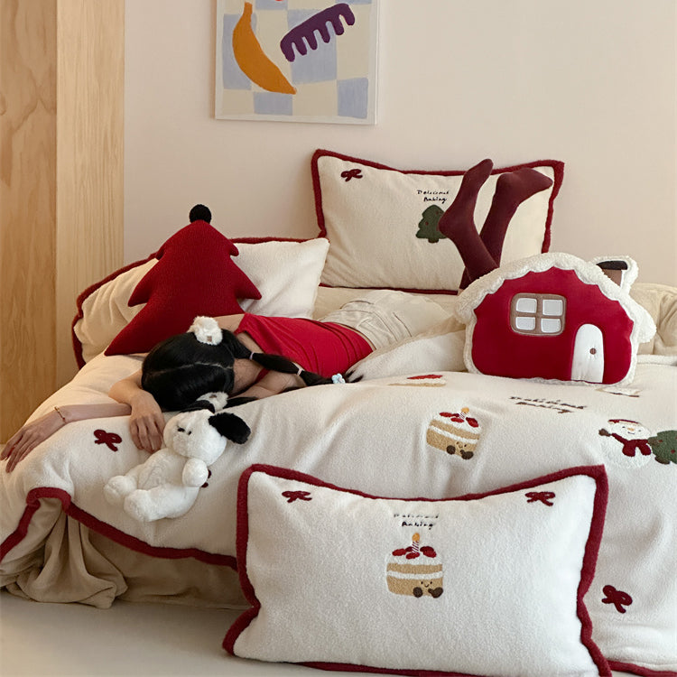 Winter Creamy Cake Snowman Thickened Cashmere Four-Piece Fleece Bed Set - Harmony Gallery