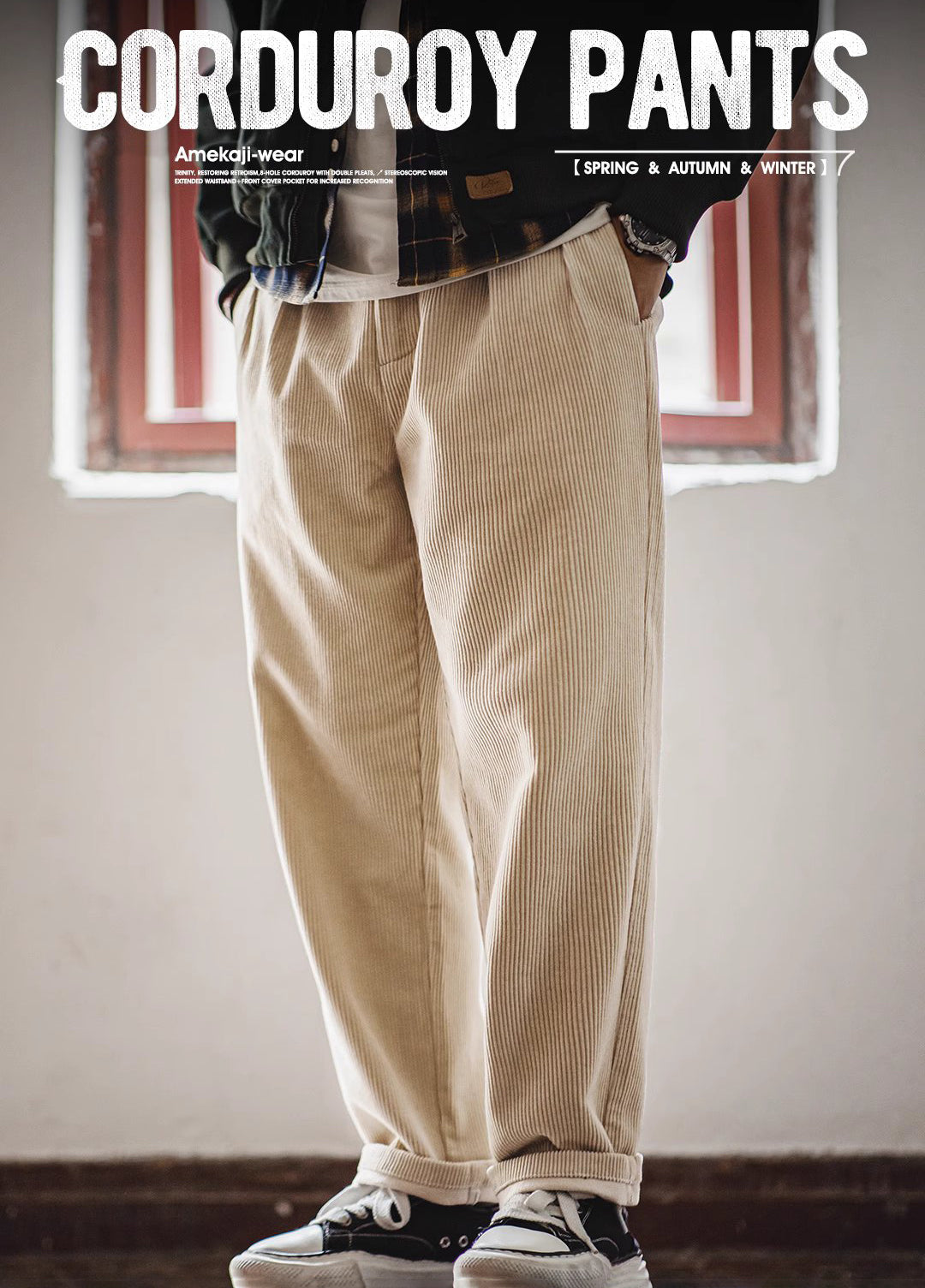 American Retro Heavy Corduroy Double Pleated Drape Cotton Men's Trousers - Harmony Gallery