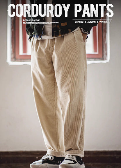 American Retro Heavy Corduroy Double Pleated Drape Cotton Men's Trousers - Harmony Gallery