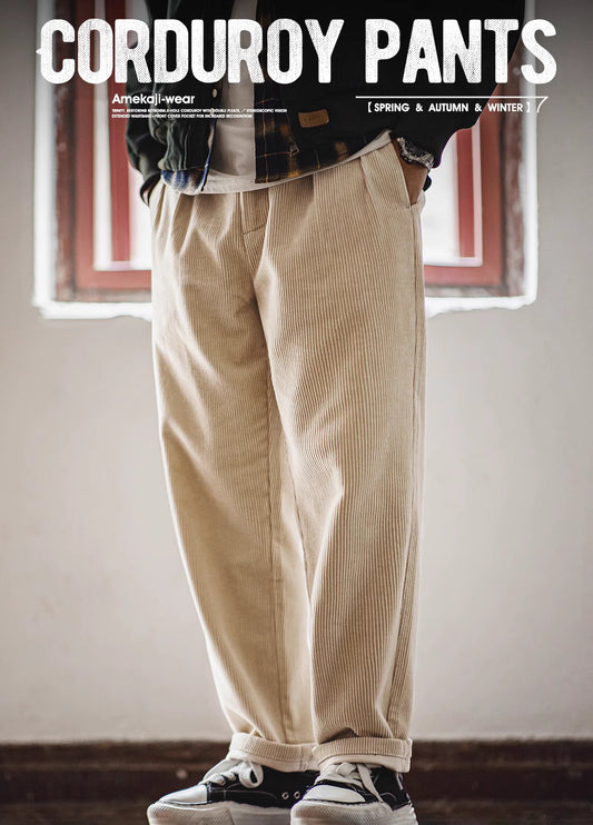 American Retro Heavy Corduroy Double Pleated Drape Cotton Men's Trousers - Harmony Gallery