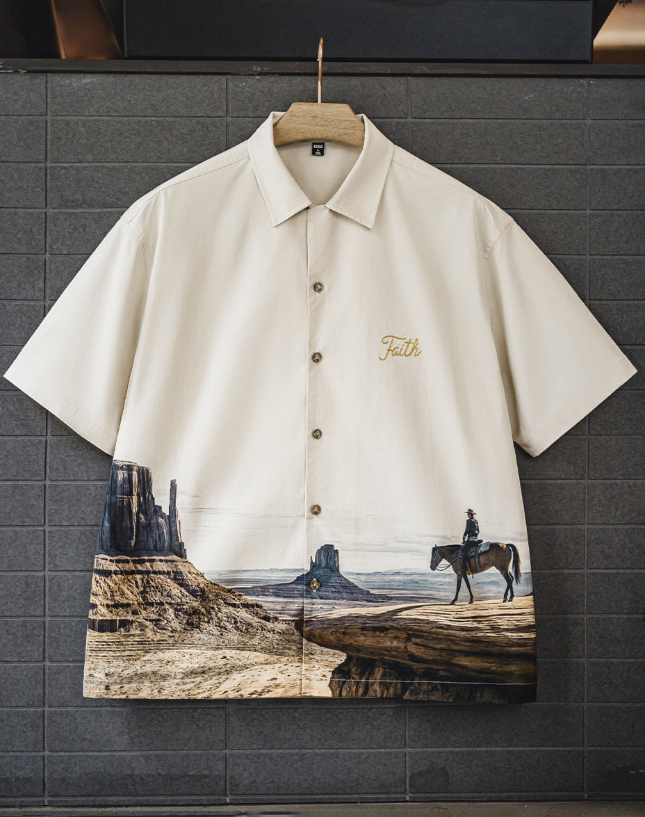 American Retro Monument Valley Cuban Collar Short-Sleeved Printed Men's Shirt - Harmony Gallery