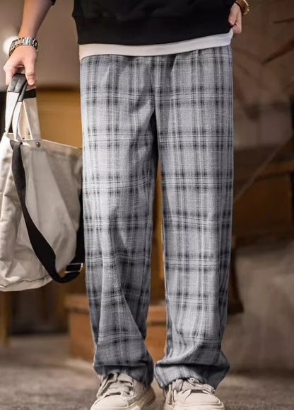 American Retro Wide-Leg Plaid Thin Drawstring Straight Men's Trousers - Harmony Gallery