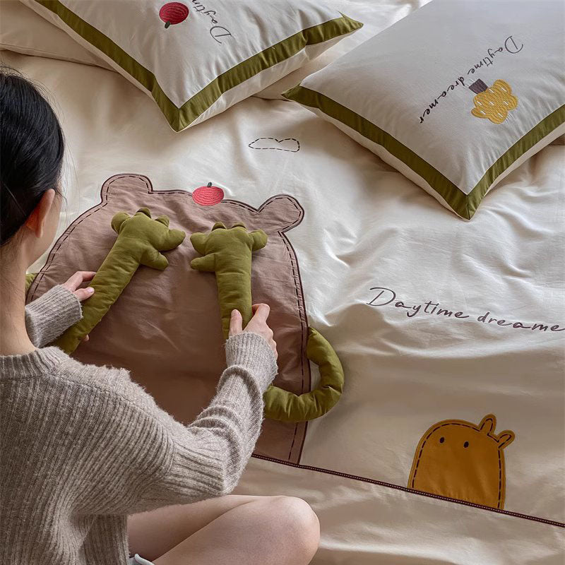 Cartoon Apple Hugging Bear Thickened Brushed Four-Piece Bed Set - Harmony Gallery