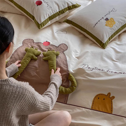 Cartoon Apple Hugging Bear Thickened Brushed Four-Piece Bed Set - Harmony Gallery