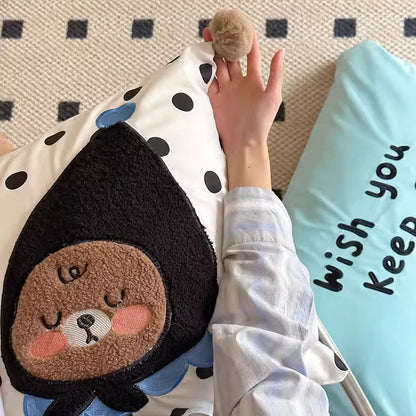 Cute Cartoon Bear Embroidered Washed Four-Piece Cotton Bed Set - Harmony Gallery