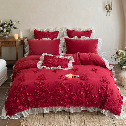 French Romantic Girly Four-Piece Thickened Coral Fleece Warm Bed Set - Harmony Gallery