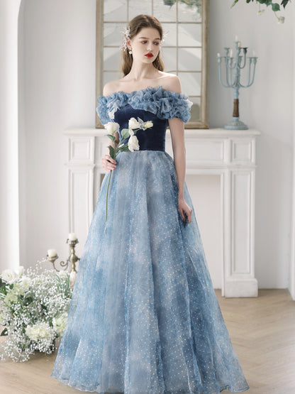 Enchanting Off-Shoulder Blue Tulle Ball Gown with Ruffled Bodice - Harmony Gallery