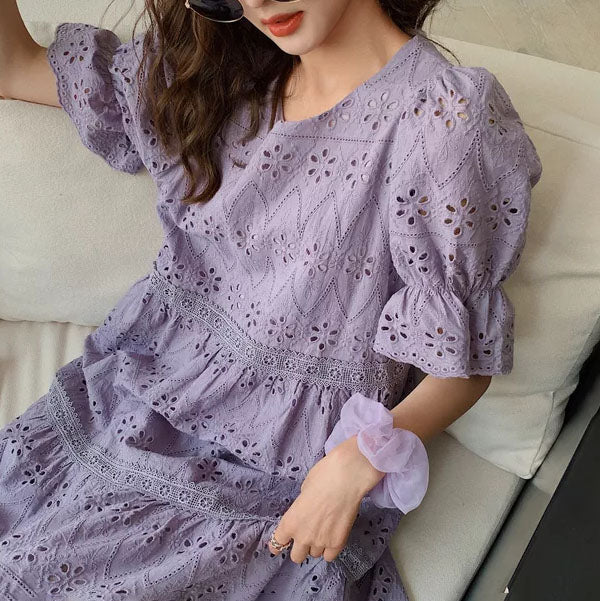 French Lavender Purple Sweet Puff Loose Women's Dress - Harmony Gallery