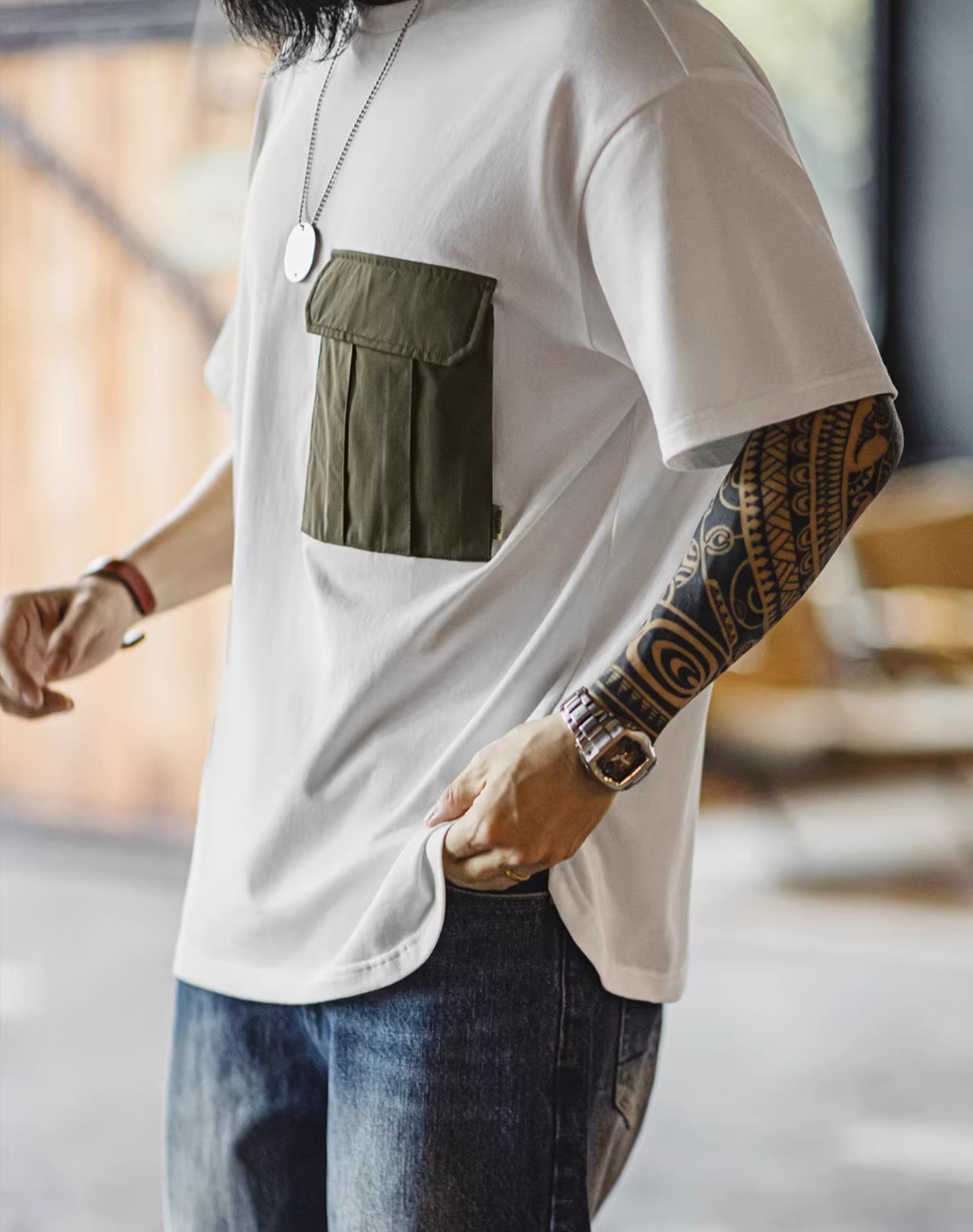 American Retro M51 Pocket Stitching Cotton Split Men's T-Shirt - Harmony Gallery