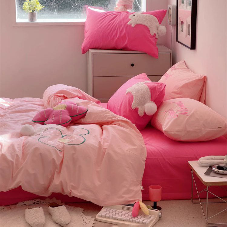 Girly Heart Cute Rich Rabbit Washed Four-Piece Pure Cotton Bed Set - Harmony Gallery