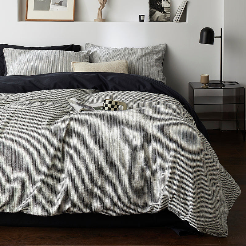 Premium Black and White Striped Textured Bedding Pure Cotton Four-Piece Bed Set - Harmony Gallery