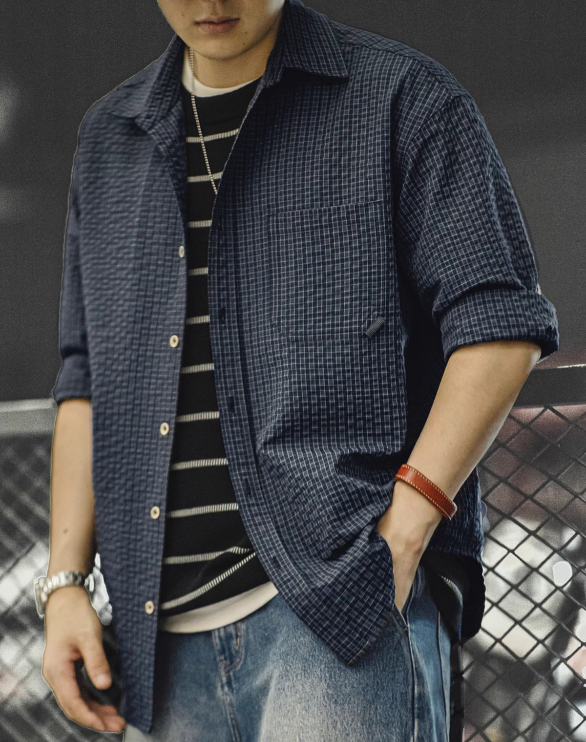 American Retro Seersucker Plaid Textured Lapel Stitching Men's Shirt - Harmony Gallery