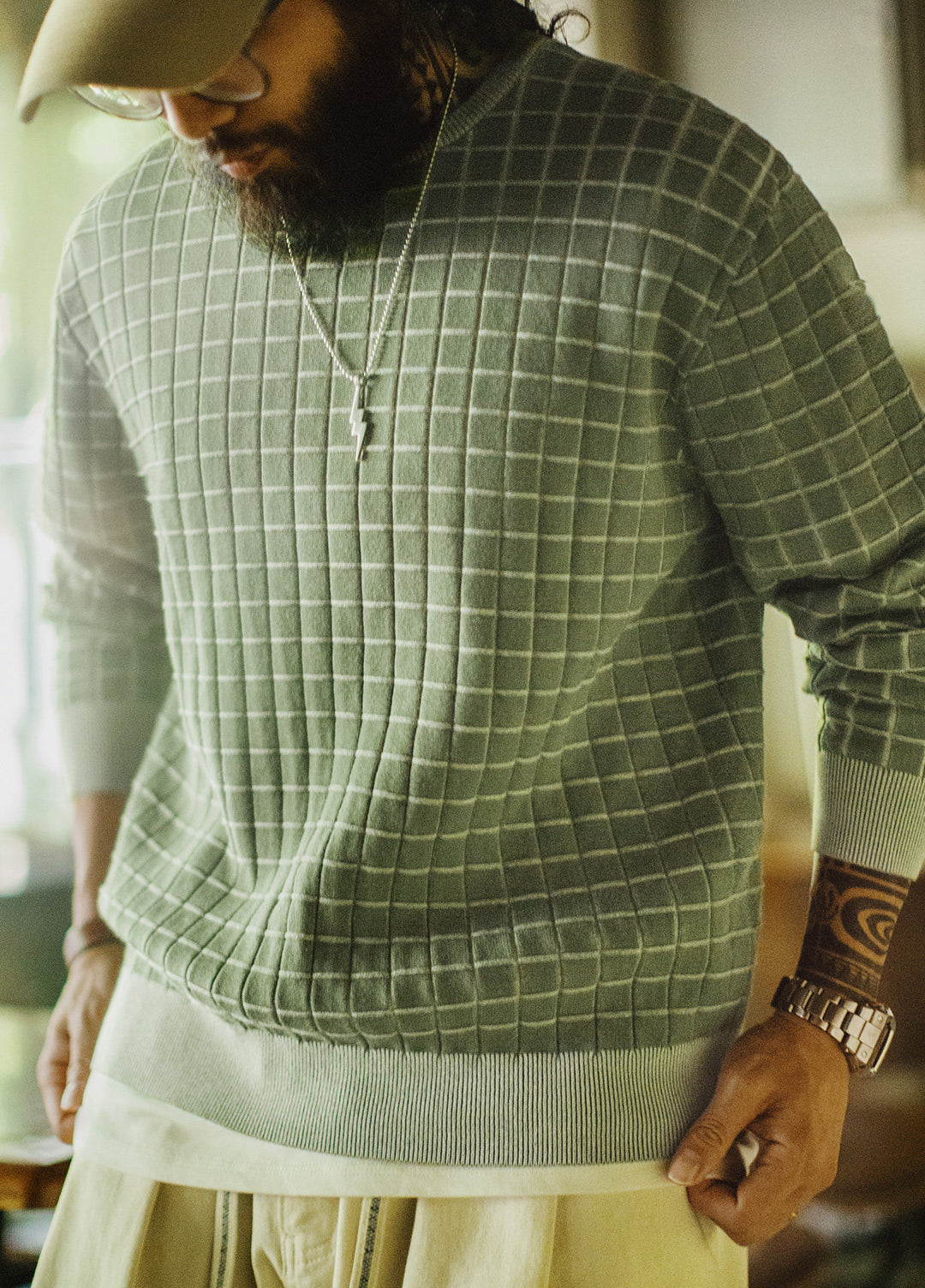 American Retro Vintage Plaid Crew Neck Knitted Pullover Men's Sweater