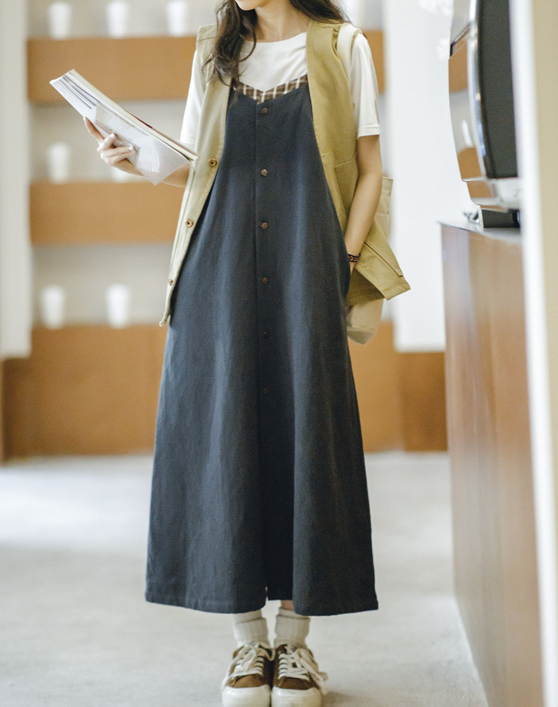 Retro Plaid Stitching Loose Suspenders Women's Dress - Harmony Gallery