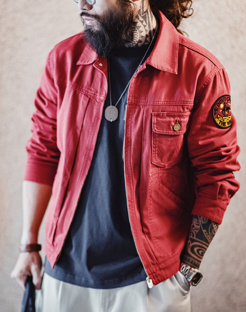 American Retro Heavy Embroidery Champion Red Slim Canvas Men's Jacket - Harmony Gallery