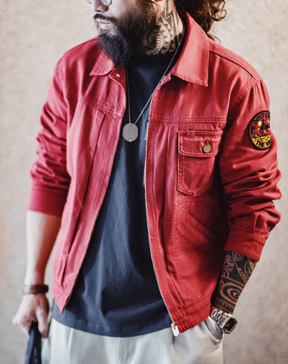 American Retro Heavy Embroidery Champion Red Slim Canvas Men's Jacket - Harmony Gallery