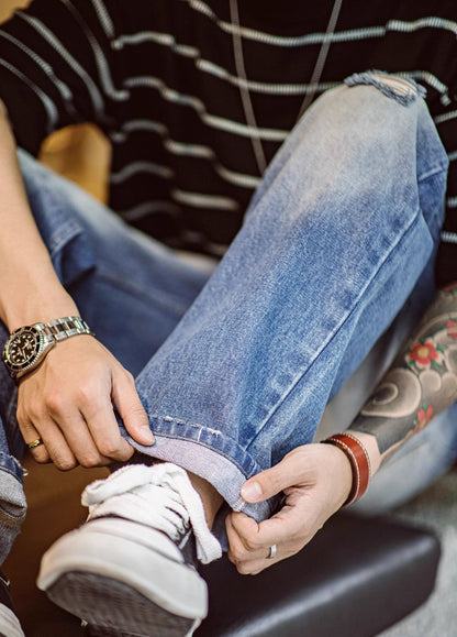 American Retro Casual Ripped Washed White Men's Jeans - Harmony Gallery
