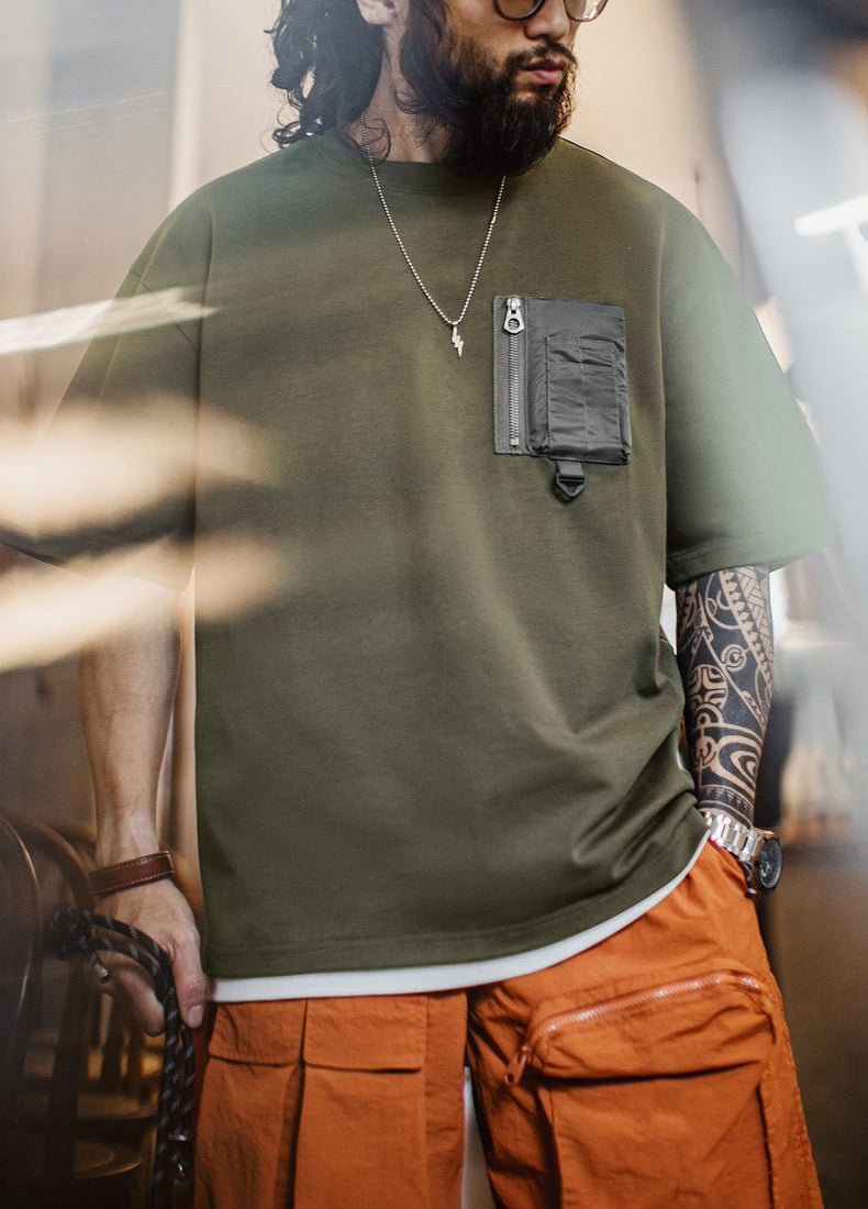 American Retro Army Green Pocket Mountain Knitted Heavy Men's T-Shirt - Harmony Gallery