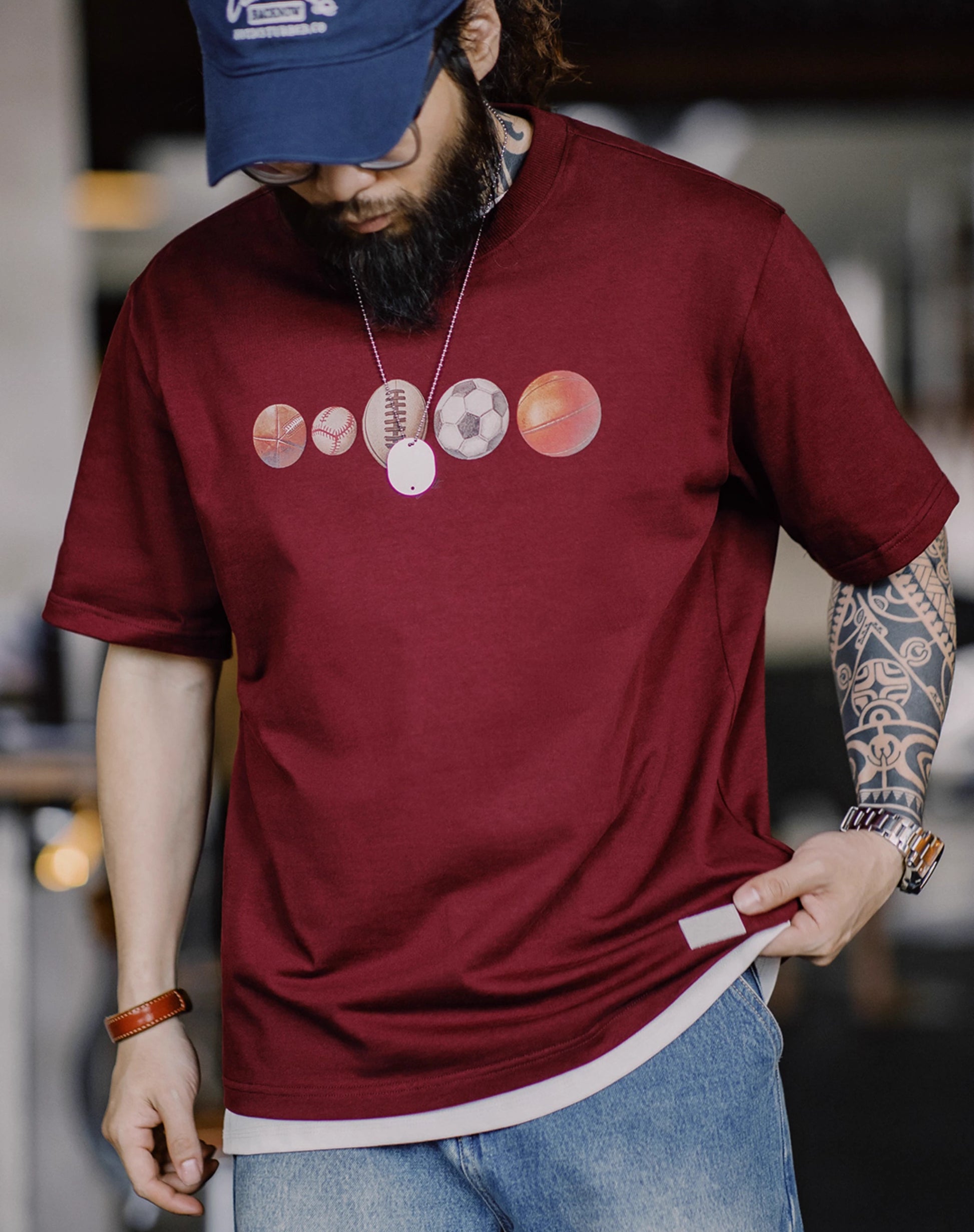 American Retro Ball Elements Digital Print Street Cotton Men's T-Shirt - Harmony Gallery