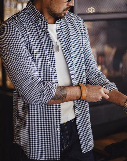 American Retro Workwear Plaid Anti-Wrinkle Men's Shirt - Harmony Gallery