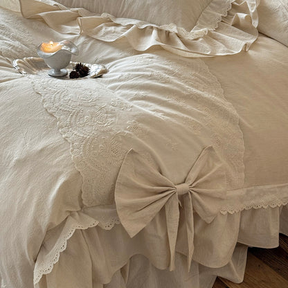 French Retro Romantic Cotton And Linen Blend Four-Piece Lace Trim Bow Bed Set - Harmony Gallery