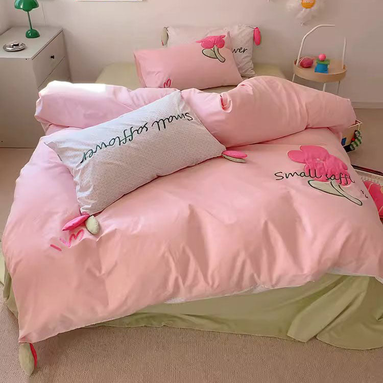 Girly Flower Pink Washed Four-Piece Pure Cotton Super Soft Bed Set - Harmony Gallery