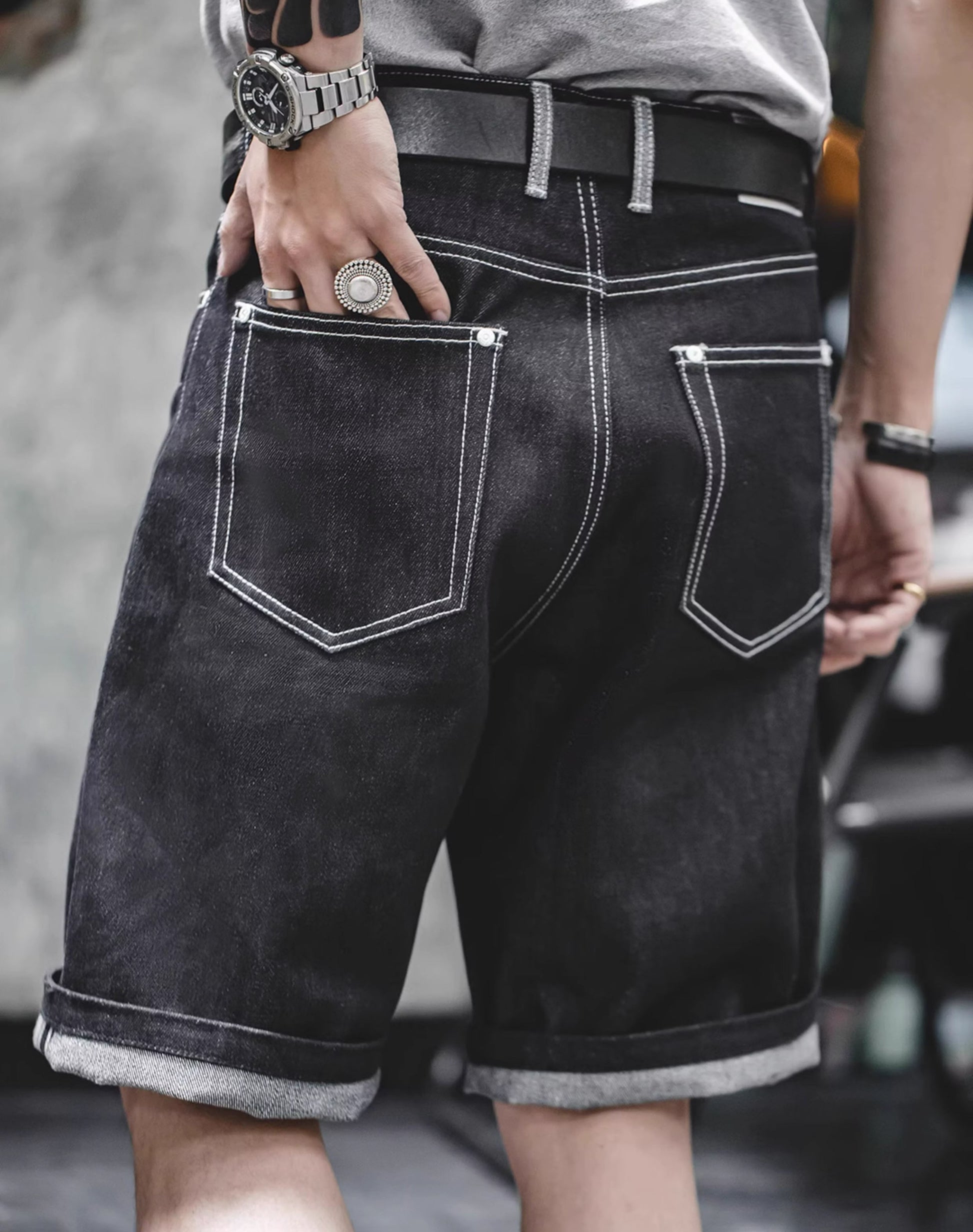 American Retro Silver Cow Raw Denim Straight Men's Shorts - Harmony Gallery
