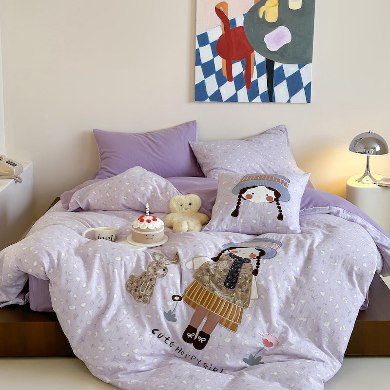 Girl Embroidered Breathable Double-Layer Super Soft Pure Four-Piece Bed Set