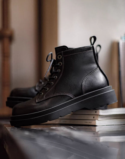 American Retro Work Black Mid-Top Thick-Soled Brogue Men's Boot - Harmony Gallery