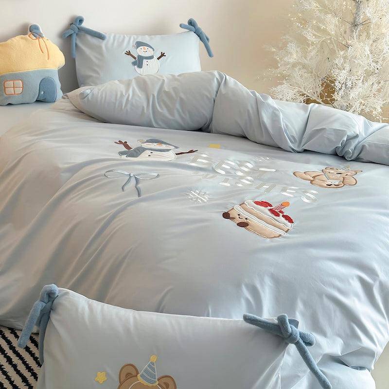Cartoon Circus Bear Embroidery Pure Cotton Long Staple Four-Piece Bed Set - Harmony Gallery