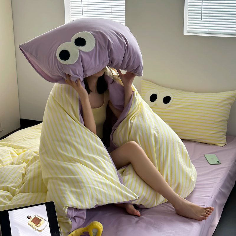 Big Eyes Contrasting Color Washed Four-Piece Pure Cotton Bed Set - Harmony Gallery