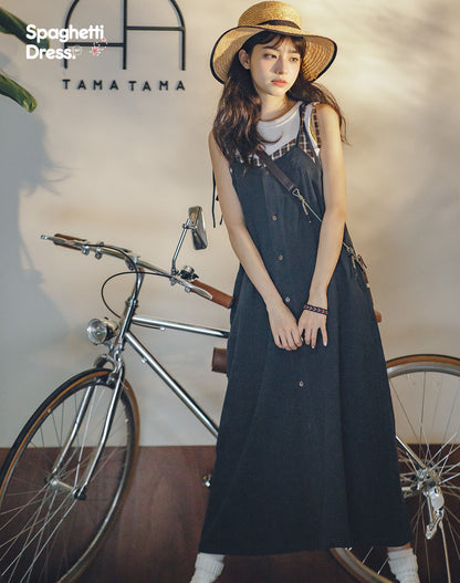 Retro Plaid Stitching Loose Suspenders Women's Dress - Harmony Gallery