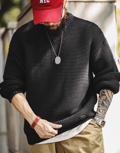 American Retro Heavy Texture Knitted Drop Shoulder Pullover Men's Sweater - Harmony Gallery