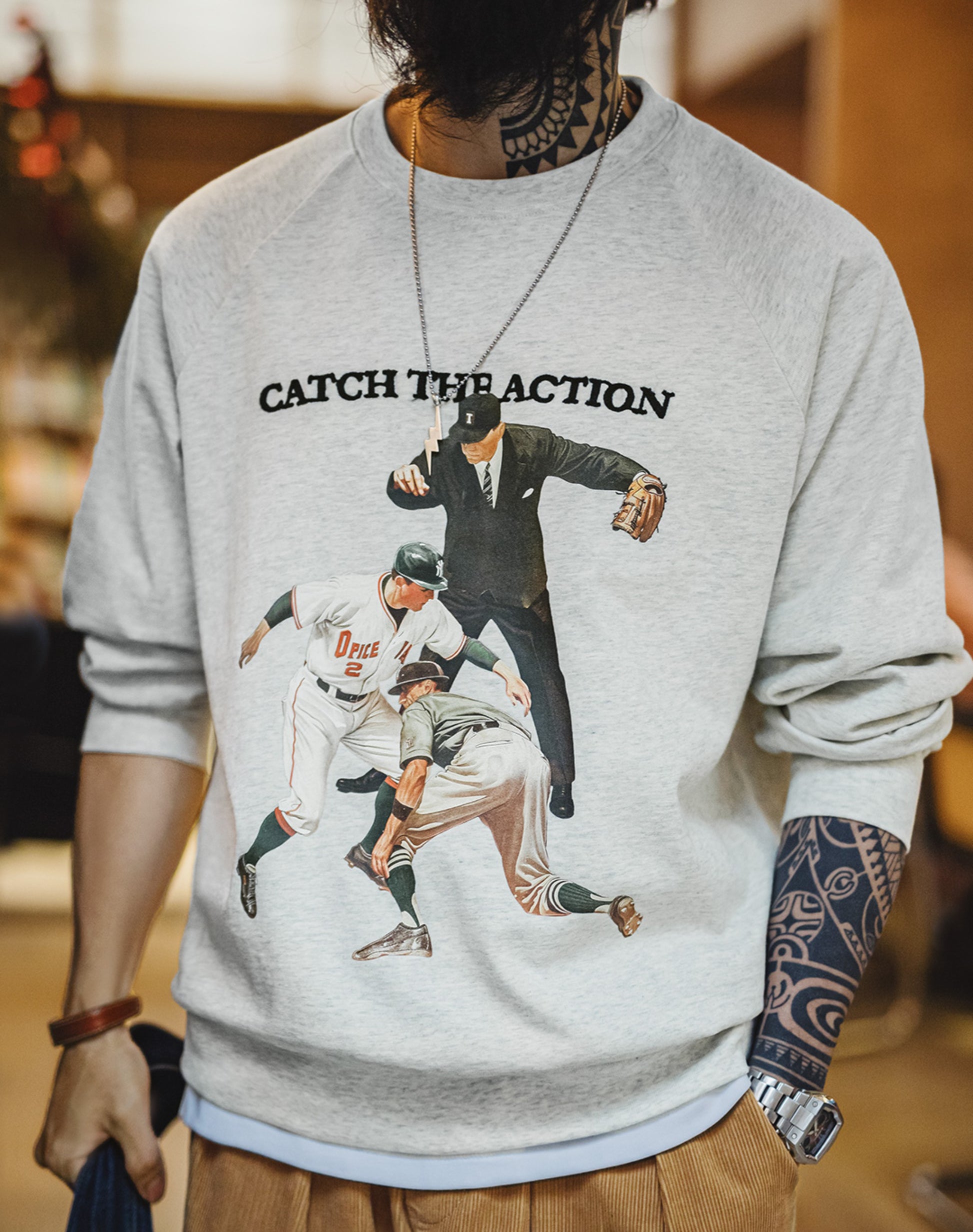 American Retro Baseball Print Heavy Letter Embroidery Loose Men's Sweater - Harmony Gallery