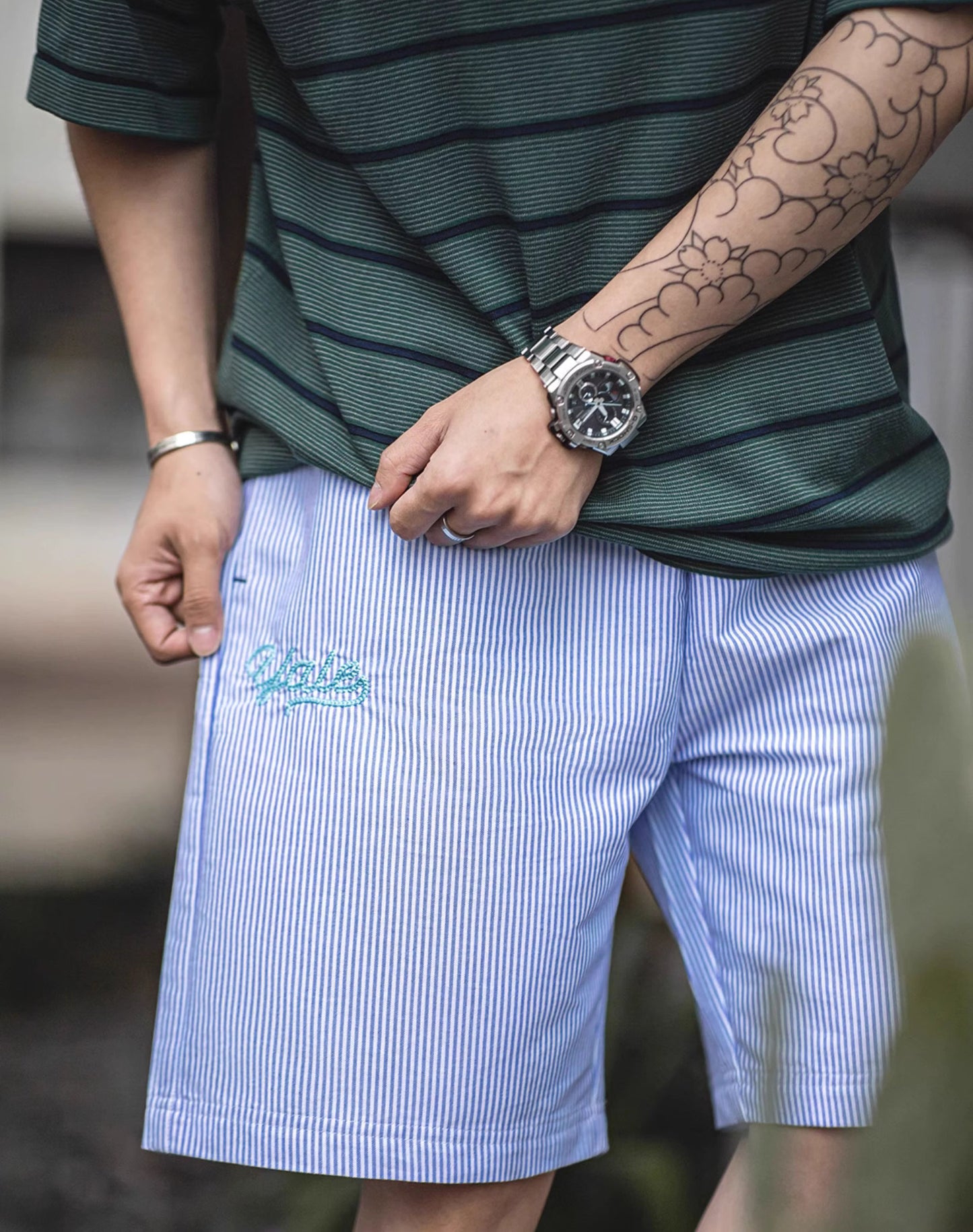 American Casual Striped Embroidered Straight-Leg Men's Shorts - Harmony Gallery