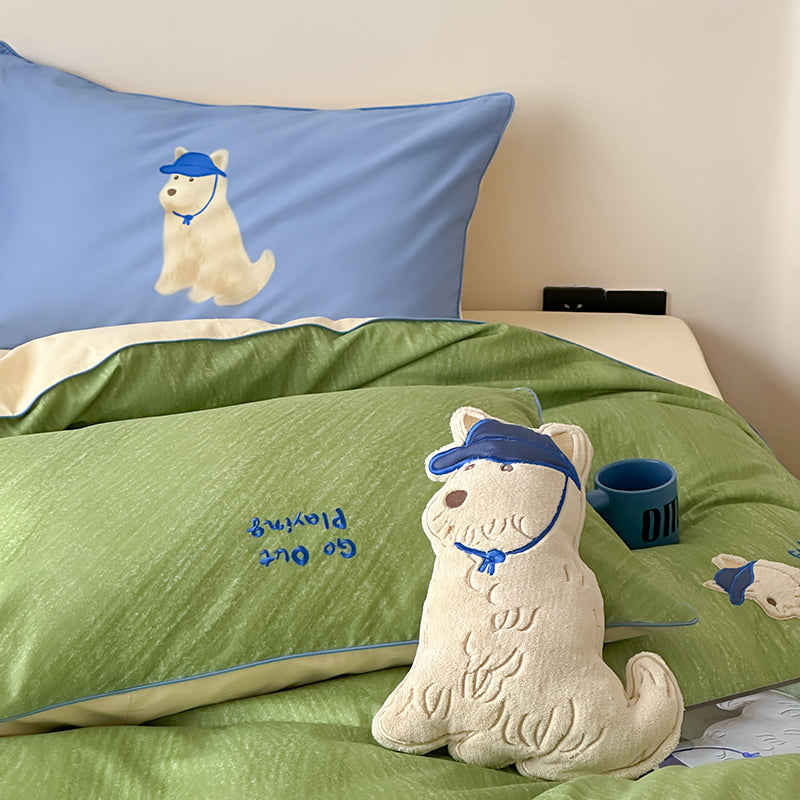 Cartoon Cute Green Puppy Pure Cotton Skin-Friendly Four-Piece Bed Set - Harmony Gallery