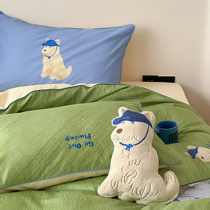 Cartoon Cute Green Puppy Pure Cotton Skin-Friendly Four-Piece Bed Set - Harmony Gallery