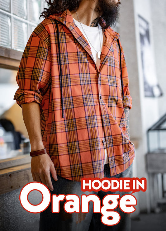 American Retro Casual Yarn-Dyed Orange Hooded Plaid Loose Men's Shirt - Harmony Gallery